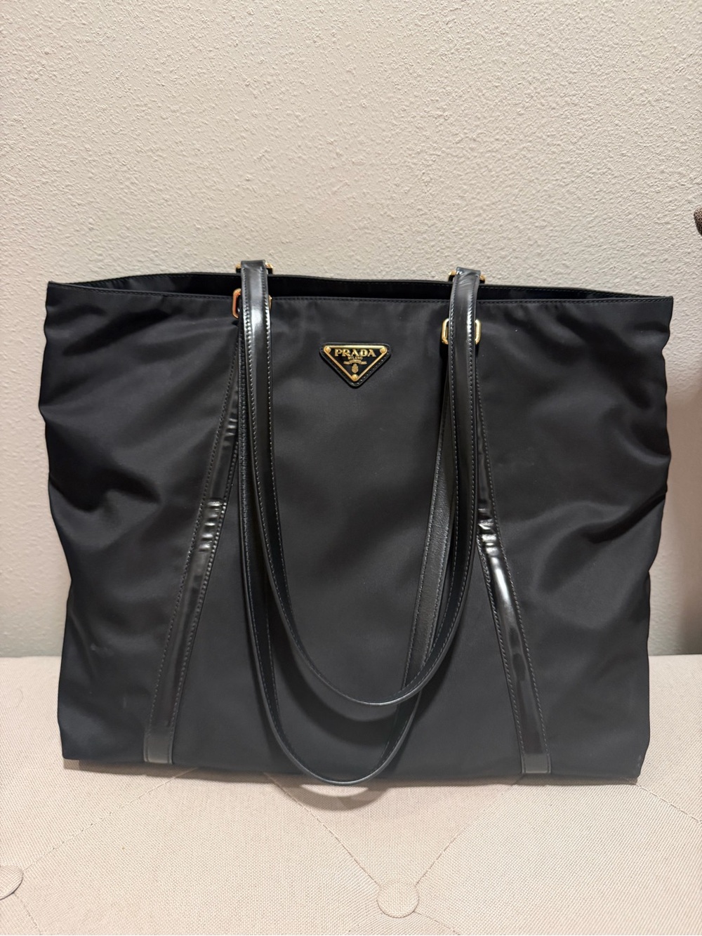 Prada Black Nylon Tote with Gold Logo